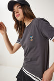 Antrasit Ayıcık İşlemeli Pamuklu Örme T-Shirt CR00455