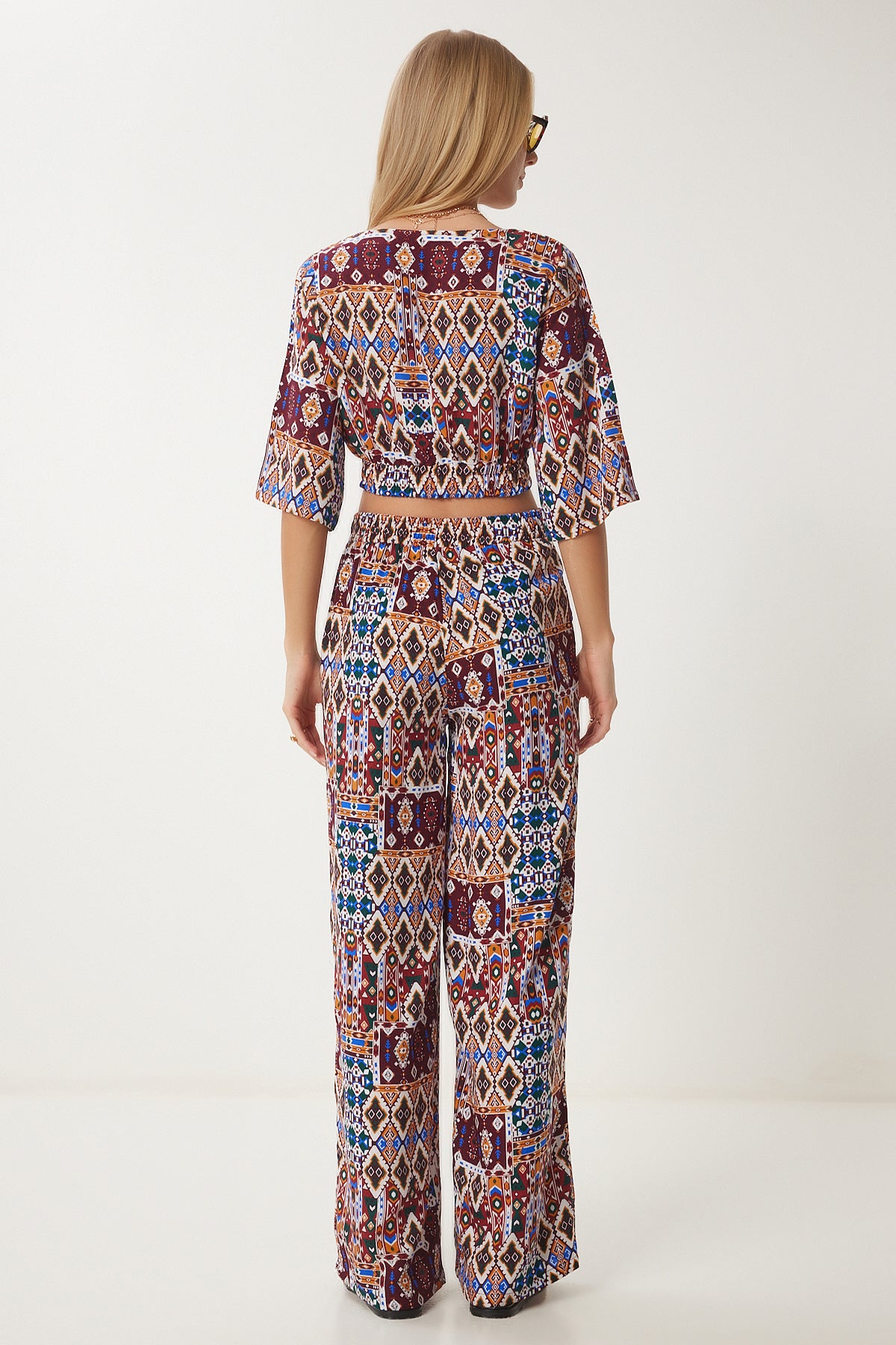 Bordo Oranj Desenli Crop Bluz Pantolon Takım ZV00270