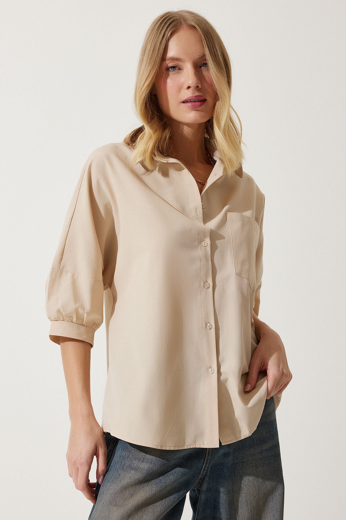 Krem Balon Kollu Poplin Gömlek DD01308
