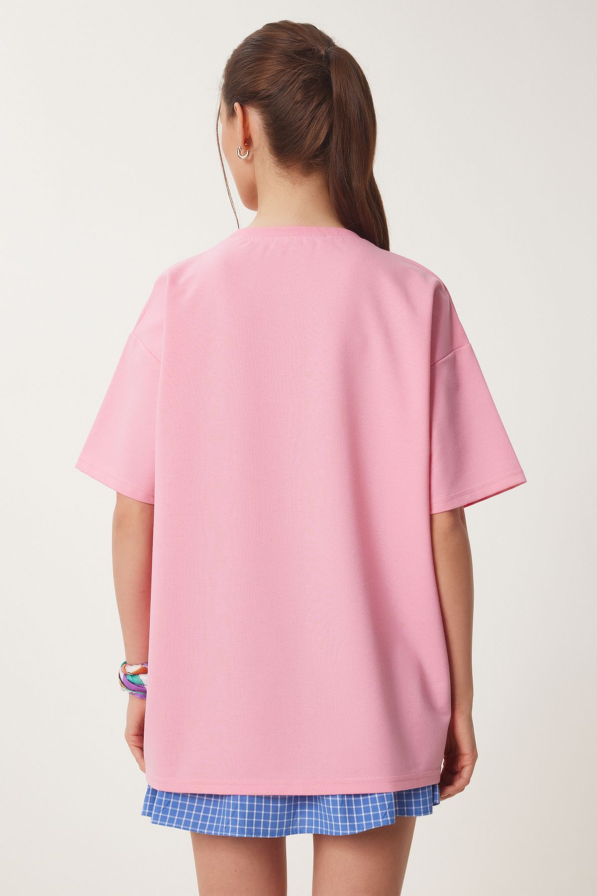 Pembe Oversize Baskılı Örme T-Shirt ZV00279