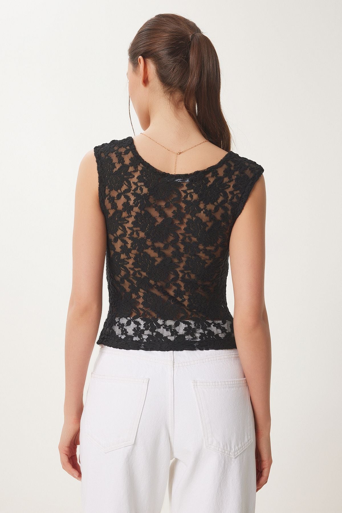 Siyah Dantelli Esnek Crop Bluz KH00095
