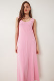Pembe Kolsuz Basic Yazlık Örme Elbise CR00478