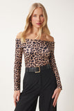 Vizon Siyah Leopar Desen Madonna Yaka Örme Bluz AN00216