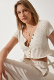 Krem Ajurlu Crop Triko Hırka BV00119