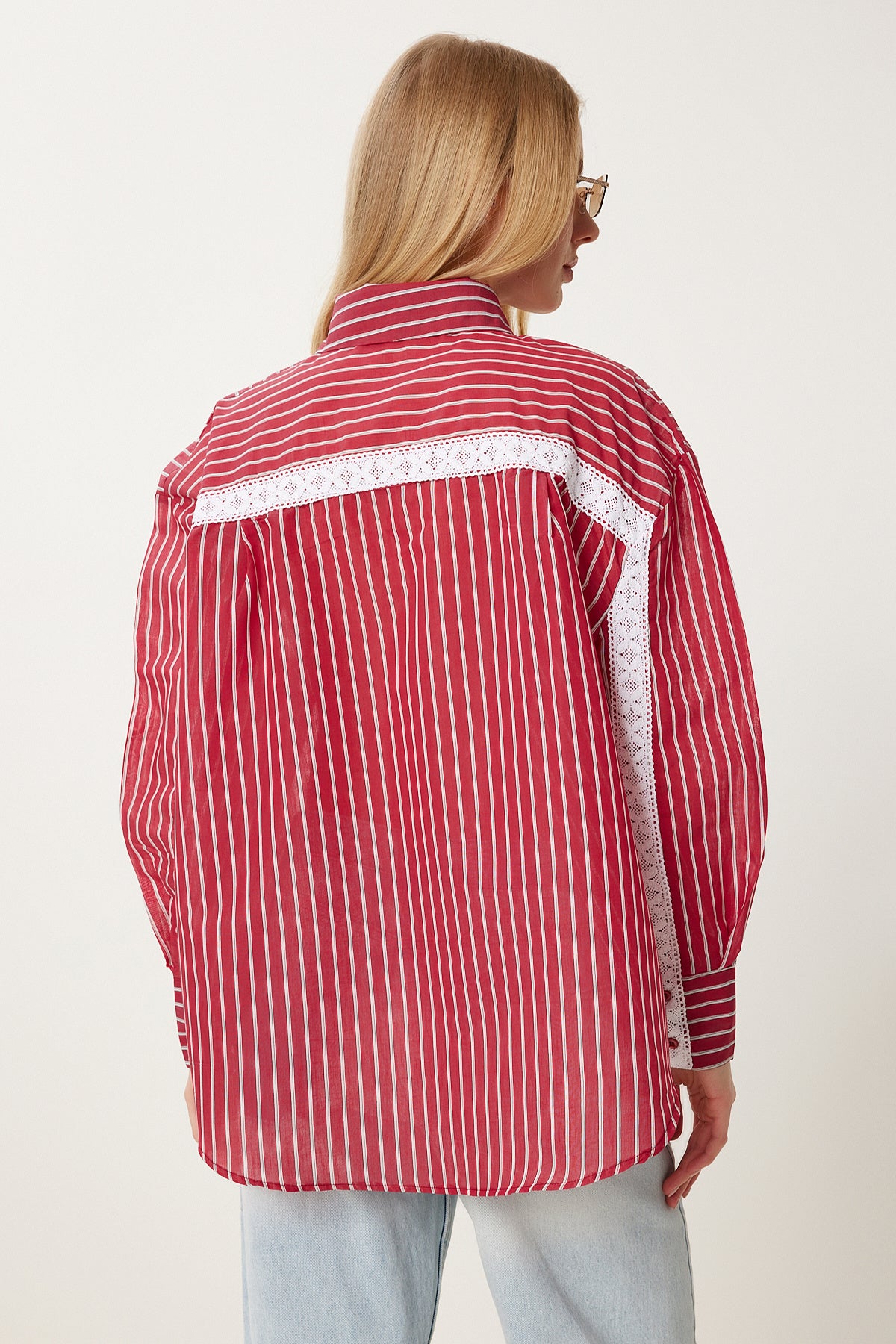 Bordo Dantel Detaylı Çizgili Oversize Gömlek RV00210