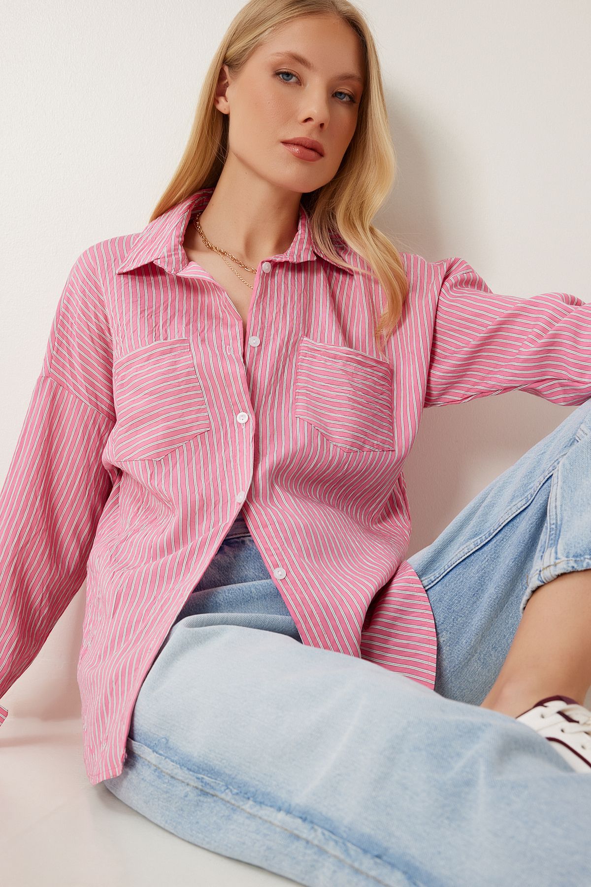 Pembe Overisize Kırışık Dokuma Gömlek AN00249