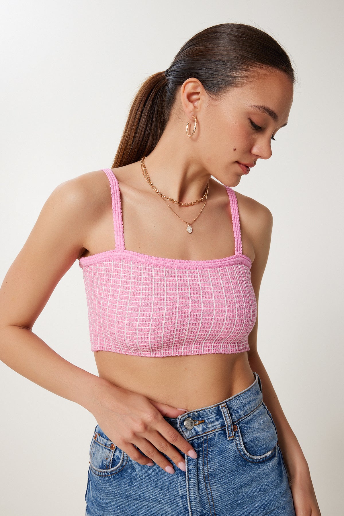 Pembe Askılı Esnek Yazlık Triko Crop Bluz NS00436