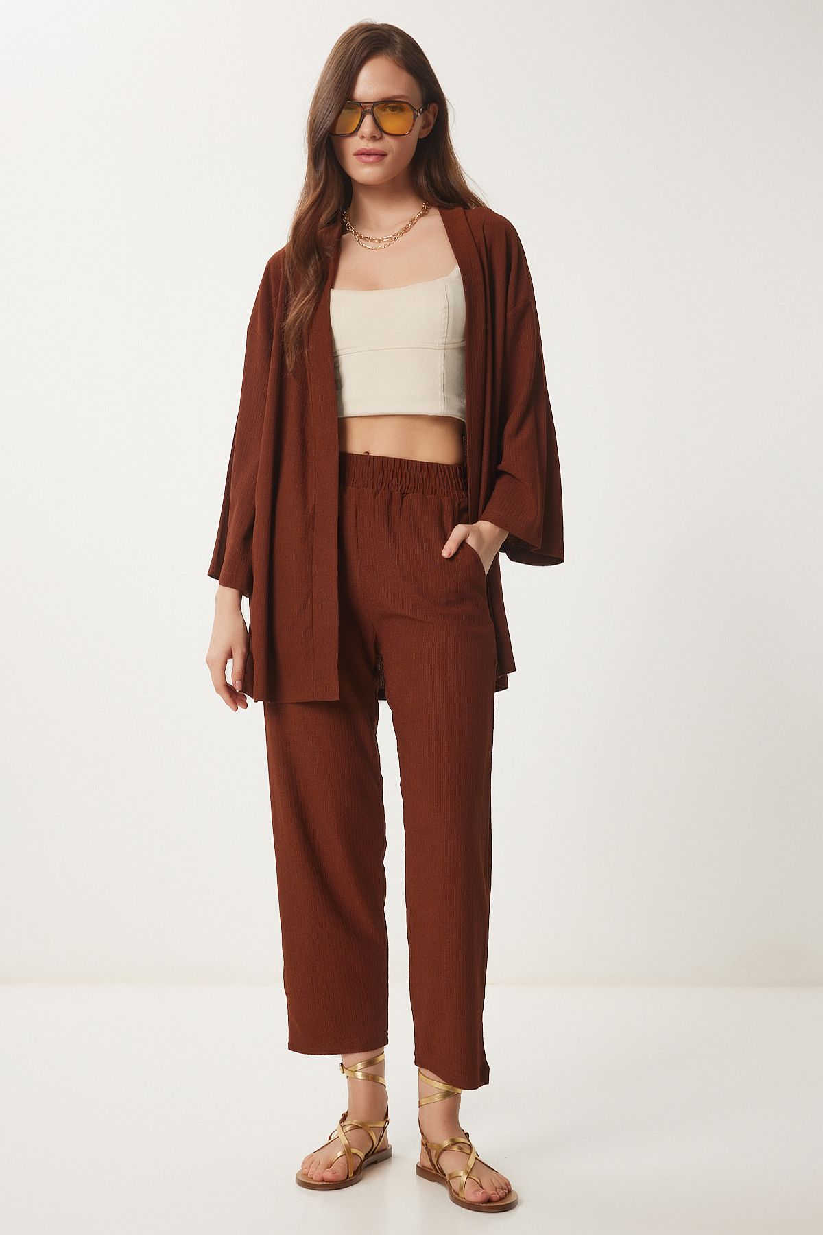 Kahverengi Kimono Pantolon Örme Takımı BY00050