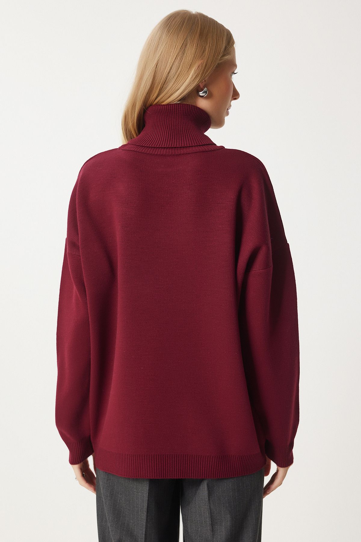 Bordo Balıkçı Yaka Oversize Triko Kazak BV00084