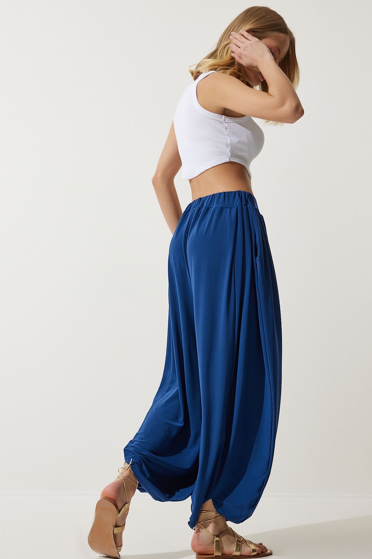 Lacivert Pileli Rahat Modal Şalvar Pantolon DD01313