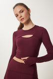 Bordo Parmak Detaylı Pencereli Örme Spor Sweatshirt VX00010