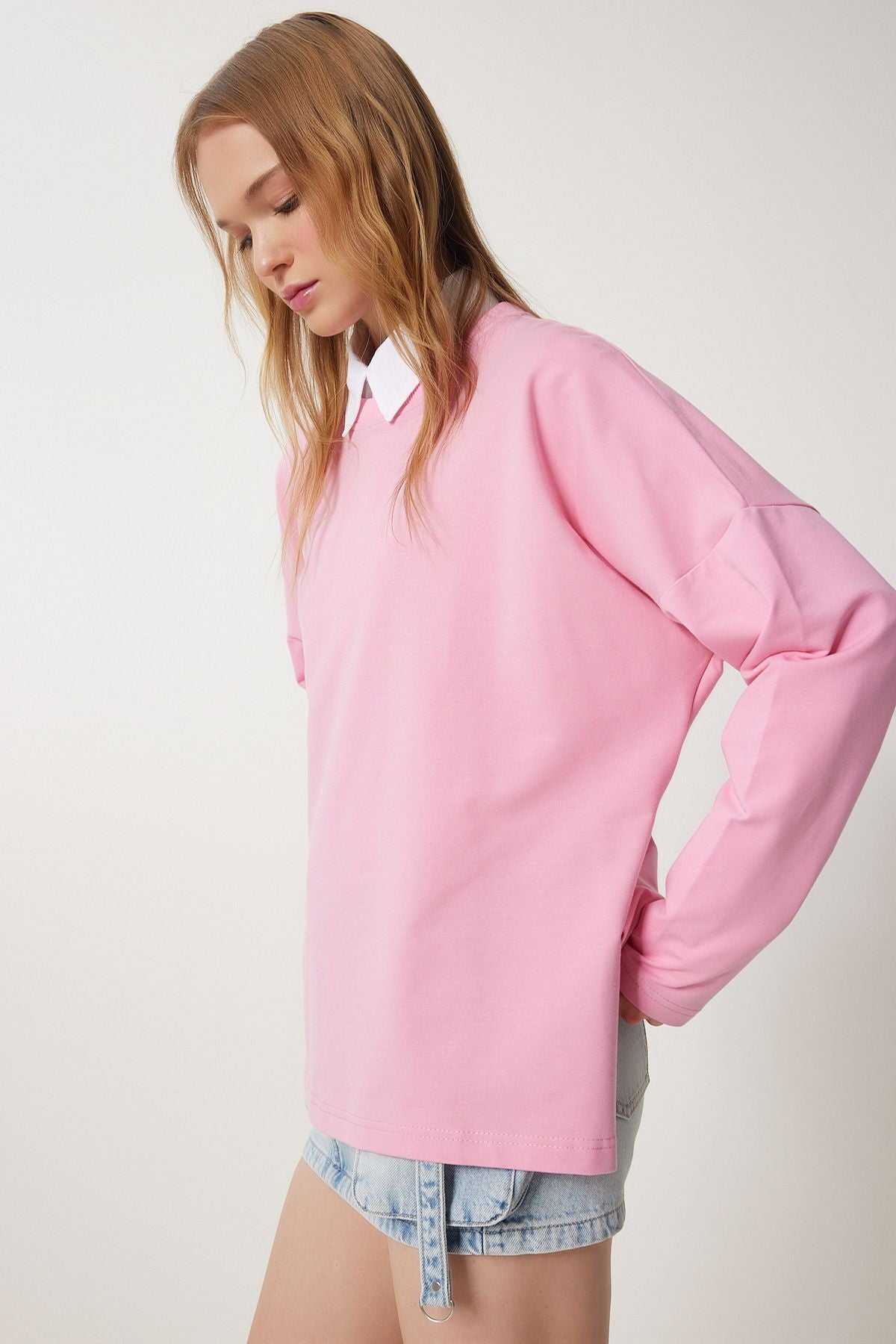 Pembe Yandan Yırtmaçlı Oversize Örme Sweatshirt UL00050