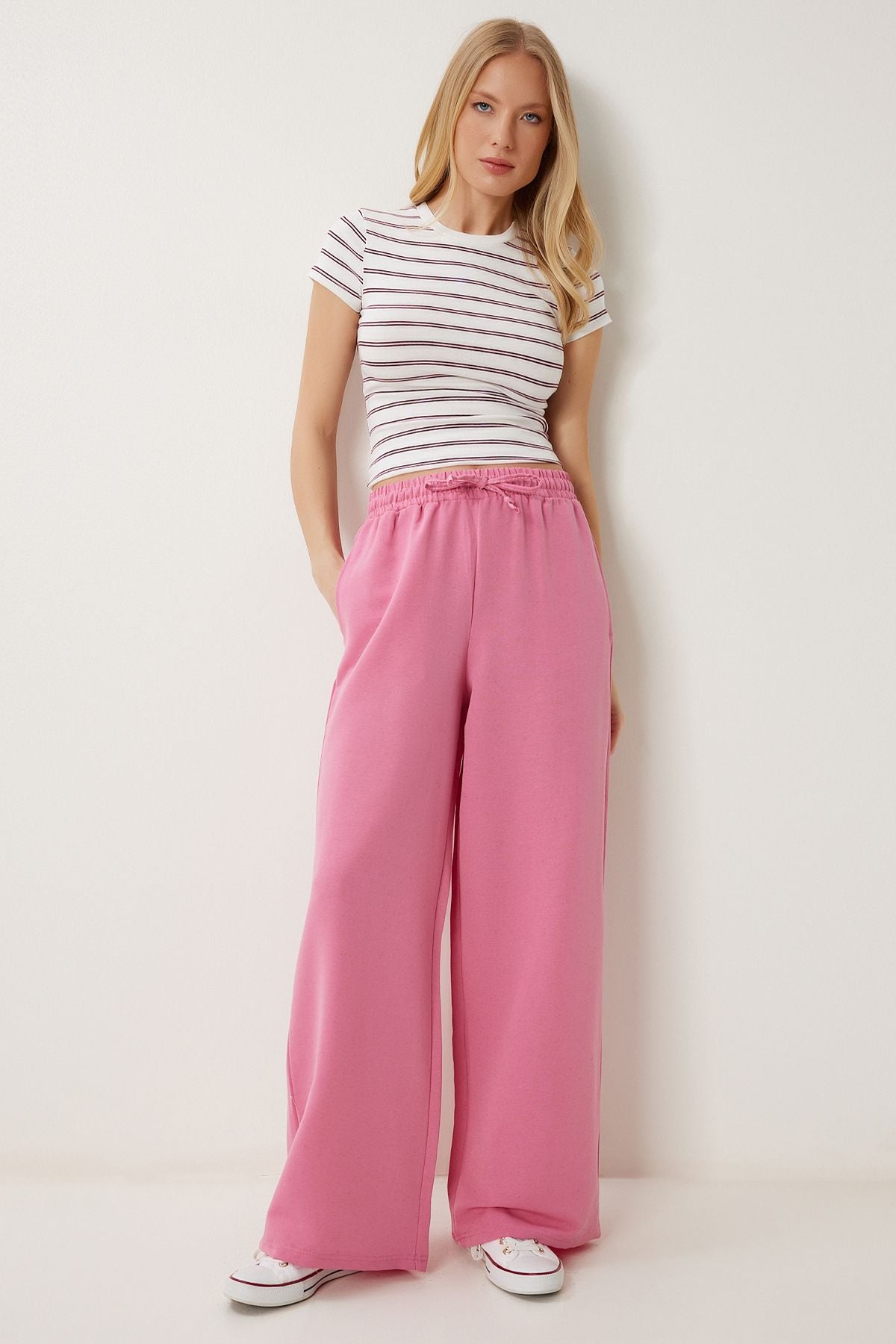 Pembe Geniş Paça Keten Pantolon DP00261
