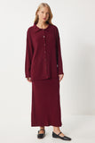 Bordo Polo Yaka Triko Hırka Etek Takım PF00090