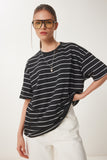Siyah Çizgili Oversize Örme T-Shirt ZV00285