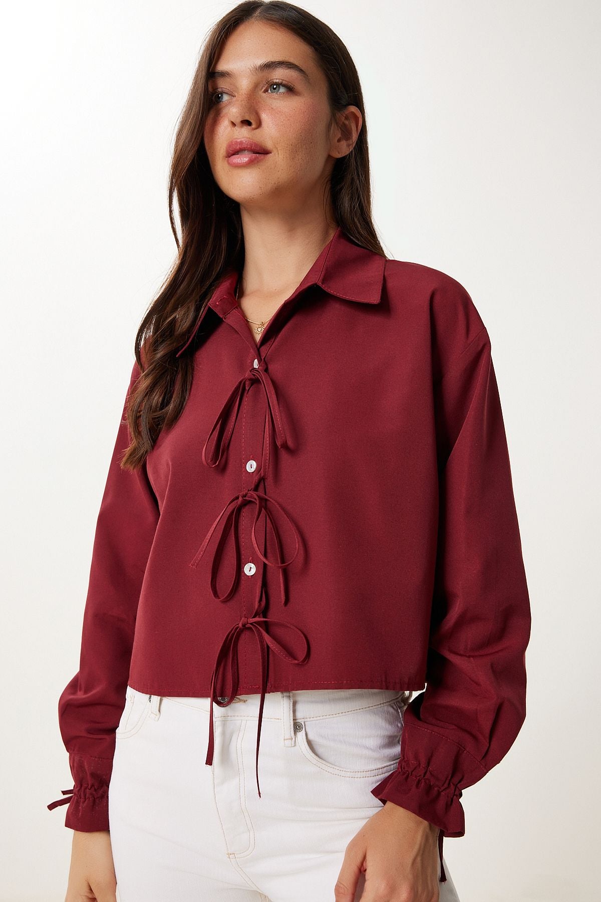Bordo Bağlama Detaylı Crop Dokuma Gömlek BV00178