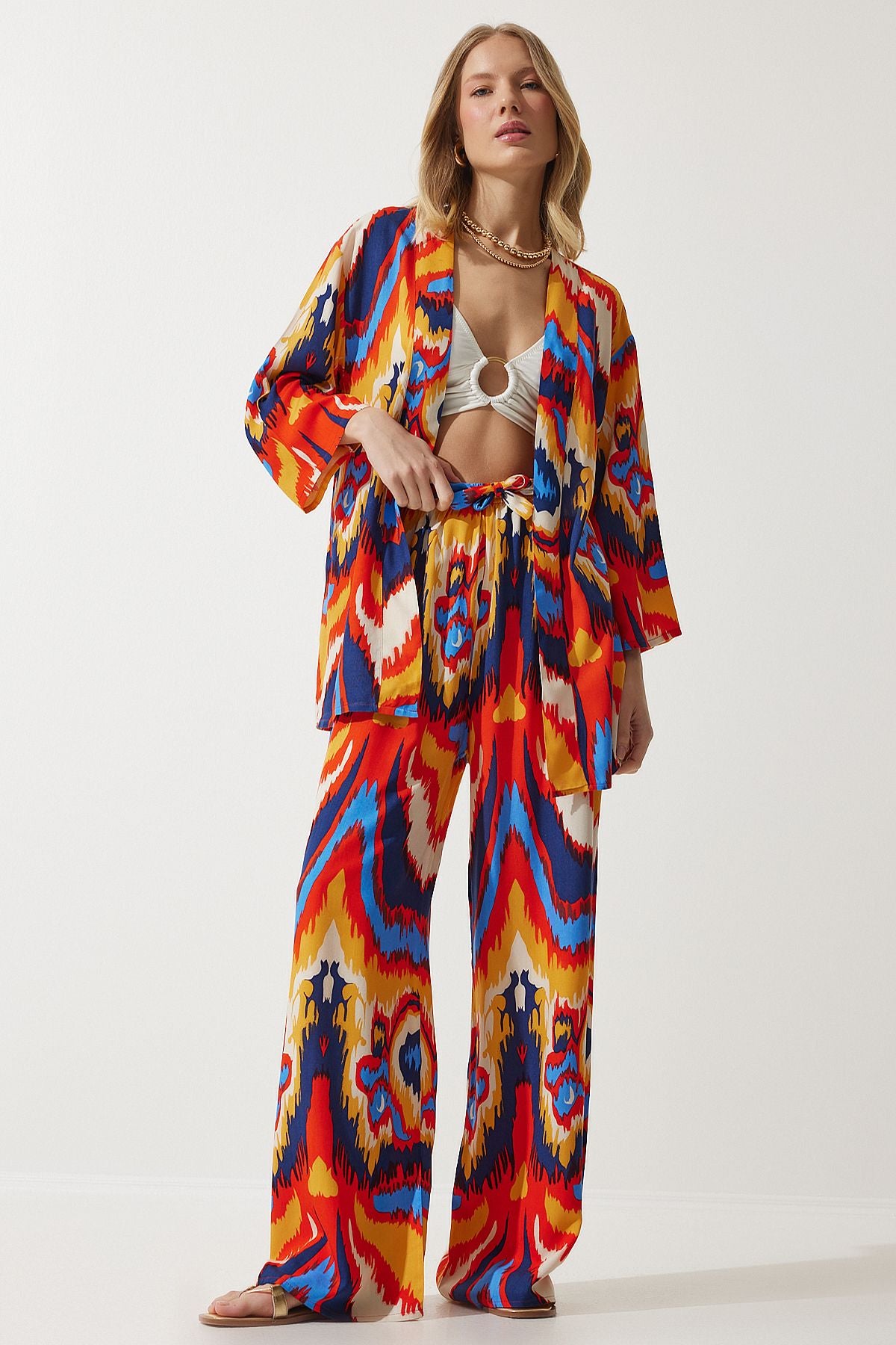 Oranj Desenli Kimono Palazzo Pantolon Takım EN00614