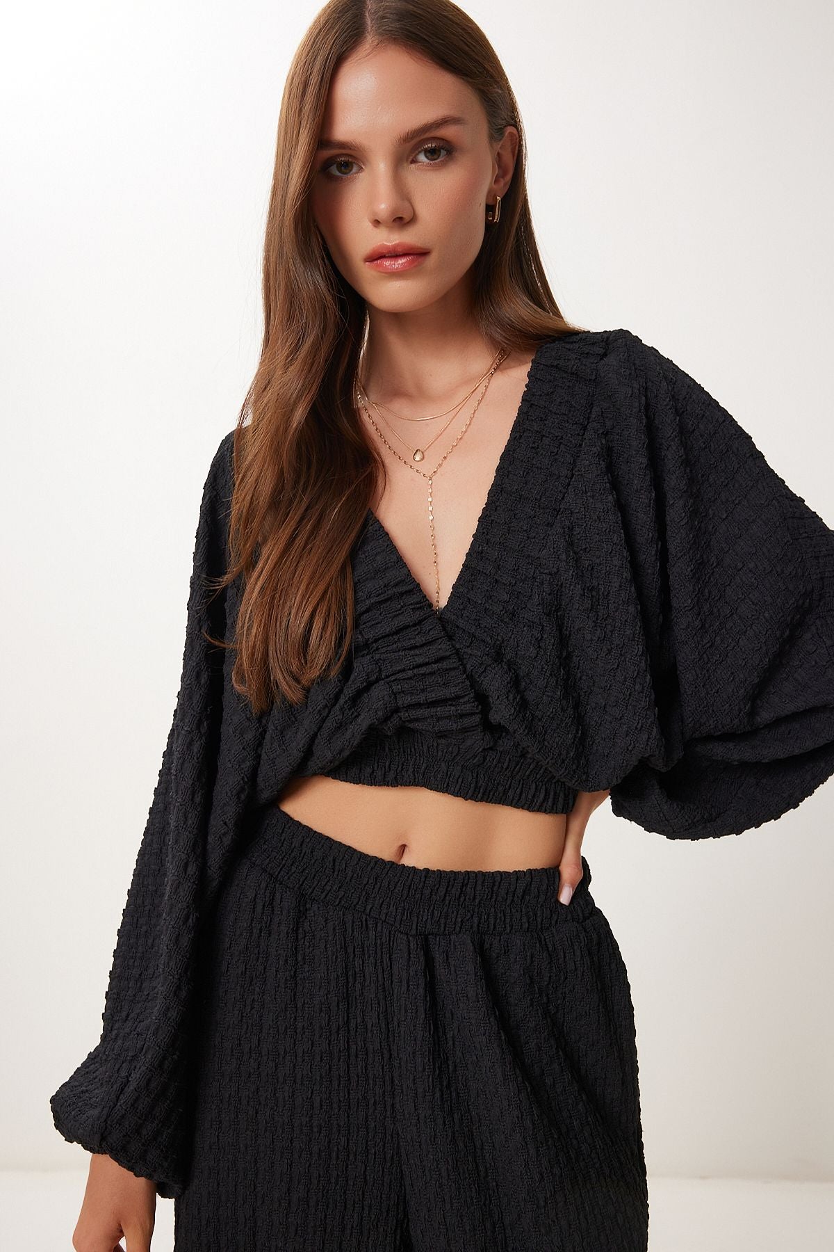 Siyah Dokulu Bluz Pantolon Takım RV00214