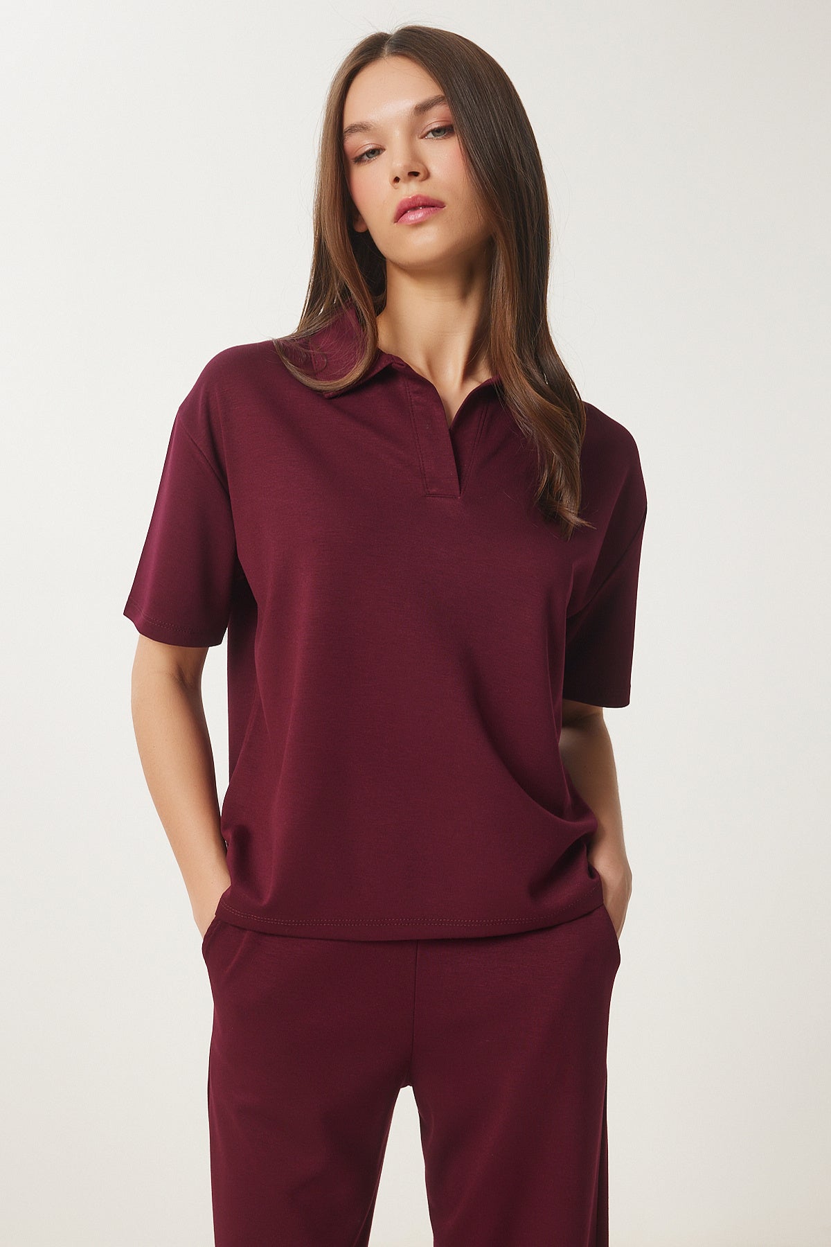 Bordo Polo Yaka Örme Alt-Üst Takım AN00231