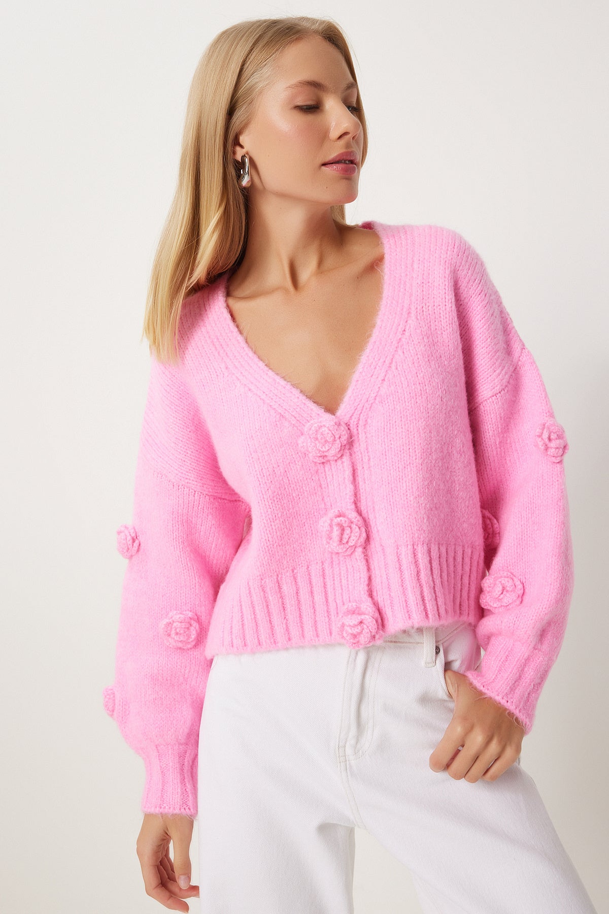 Pembe Ponpon Çiçek Detaylı Triko Hırka PF00078