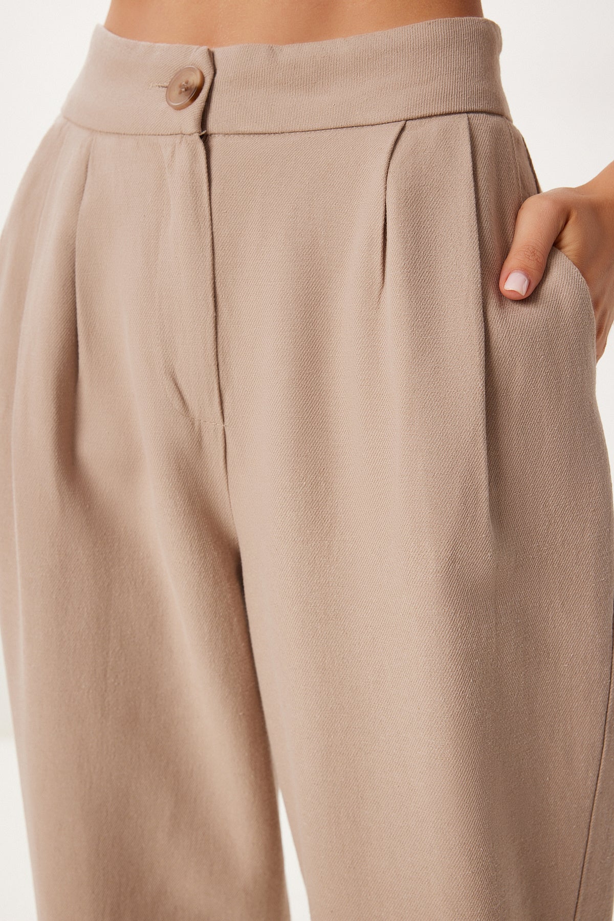 Bej Cepli Keten Şalvar Pantolon BV00164