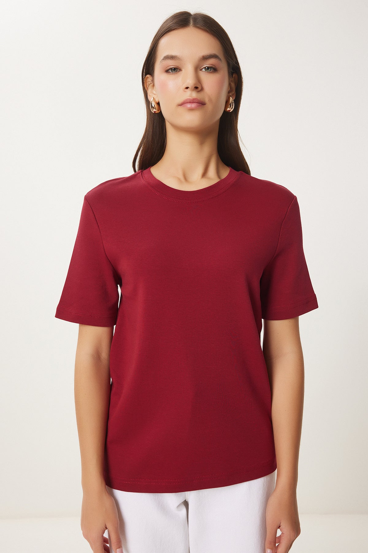 Bordo Pamuklu Basic Örme T-Shirt AG00001