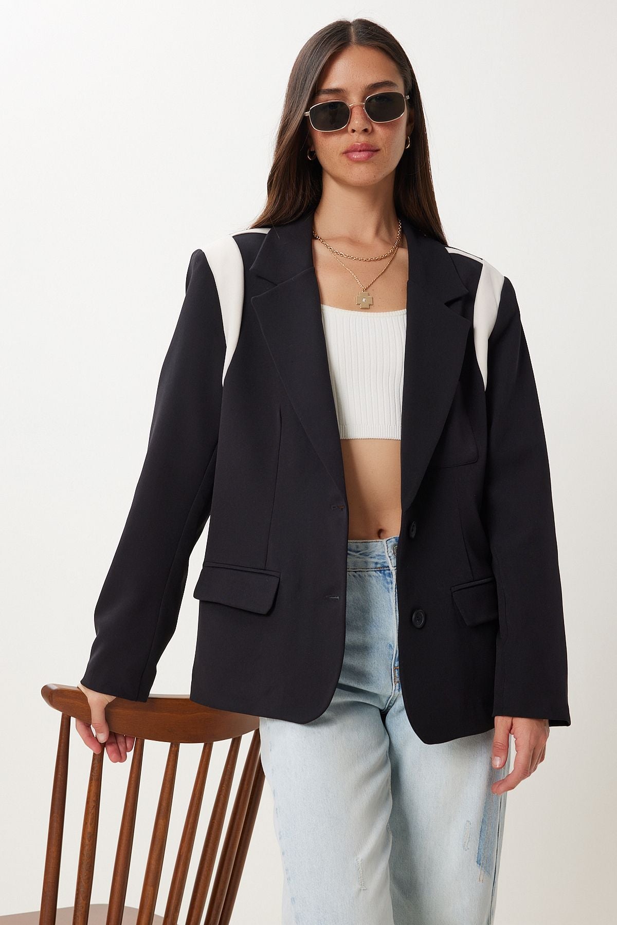 Siyah Kemik Kontrast Renkli Vatkalı Dokuma Blazer Ceket RG00076