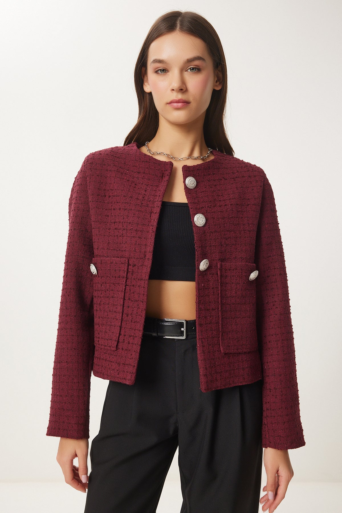 Bordo Düğmeli Tüvit Ceket WF00048