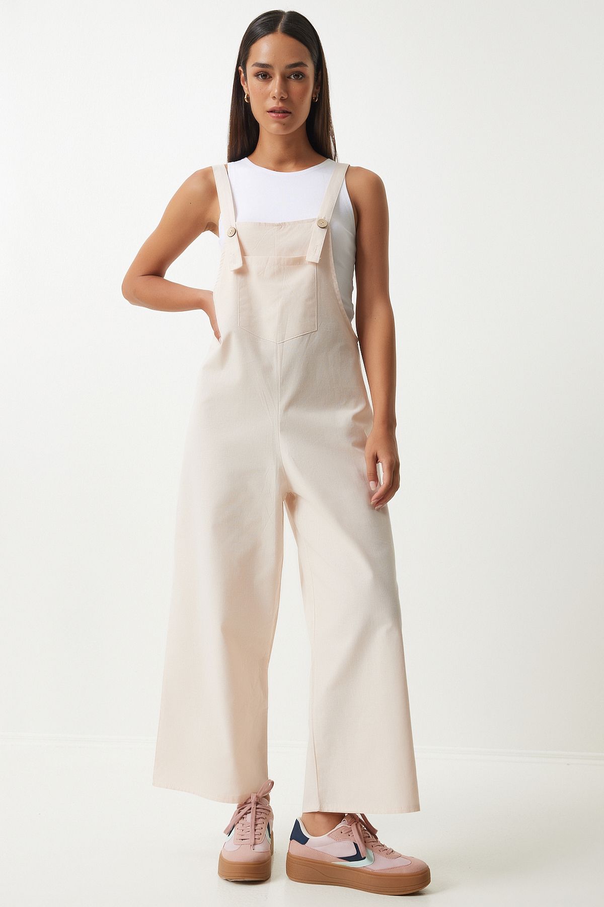 Krem Askılı İnce Gabardin Yazlık Bahçıvan Tulum KY00011