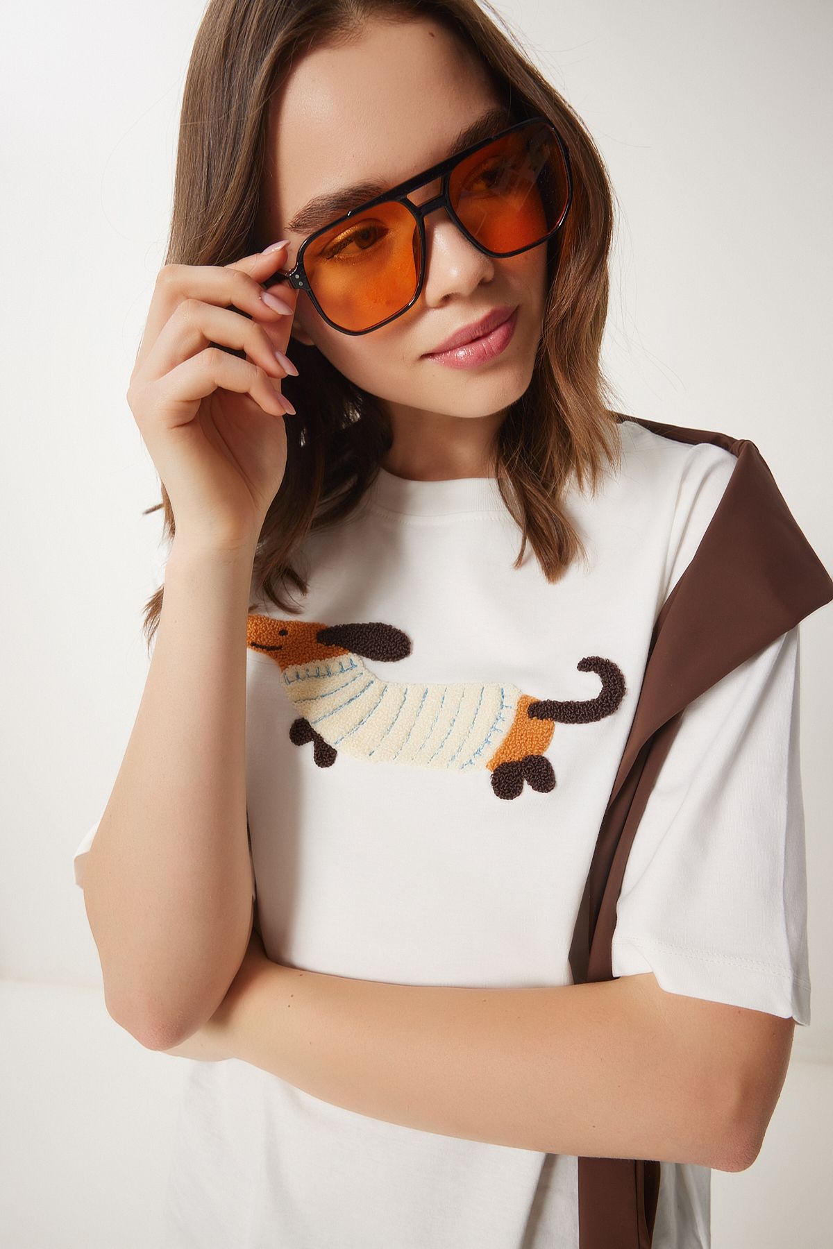 Ekru Nakışlı Pamuklu Oversize Örme T-Shirt CR00457