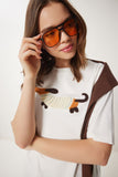 Ekru Nakışlı Pamuklu Oversize Örme T-Shirt CR00457