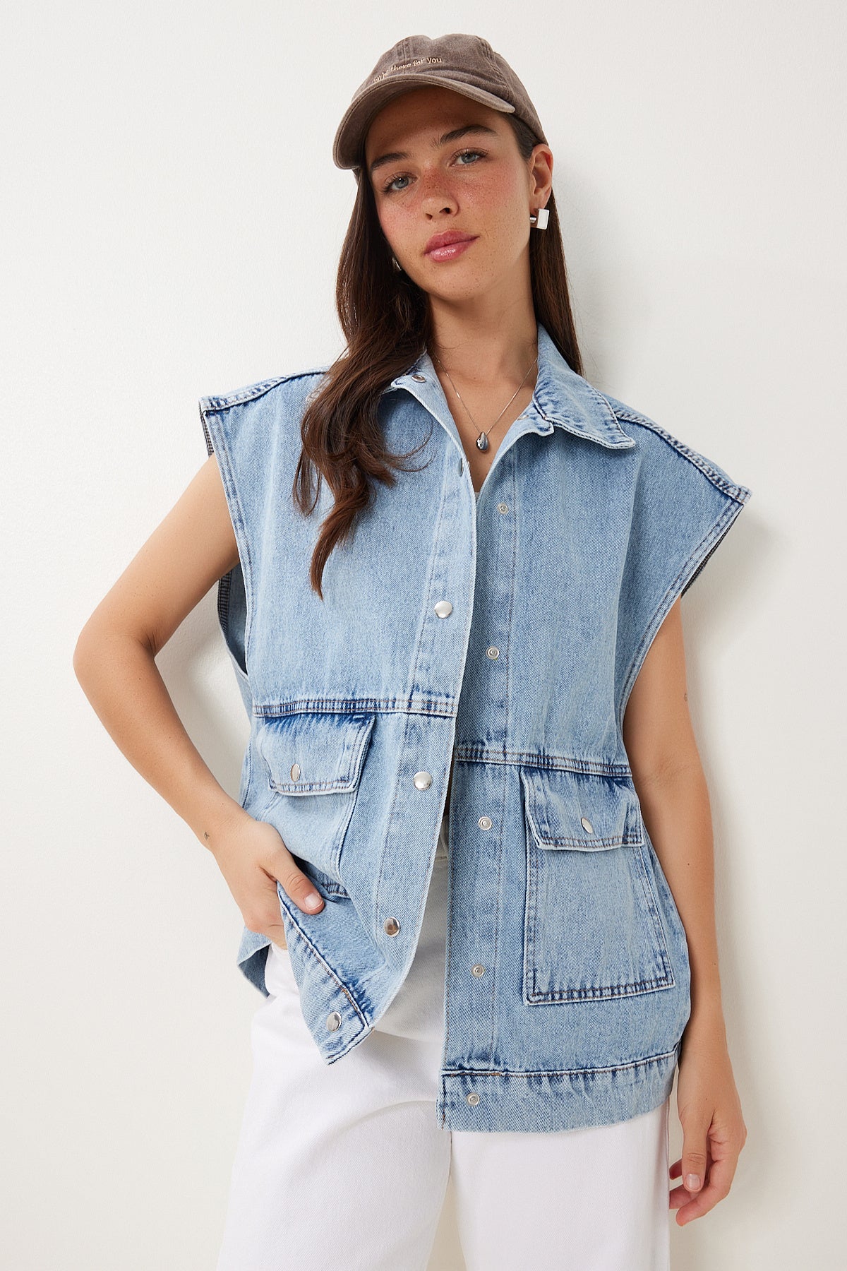 Açık Mavi Polo Yaka Cepli Denim Yelek RV00213
