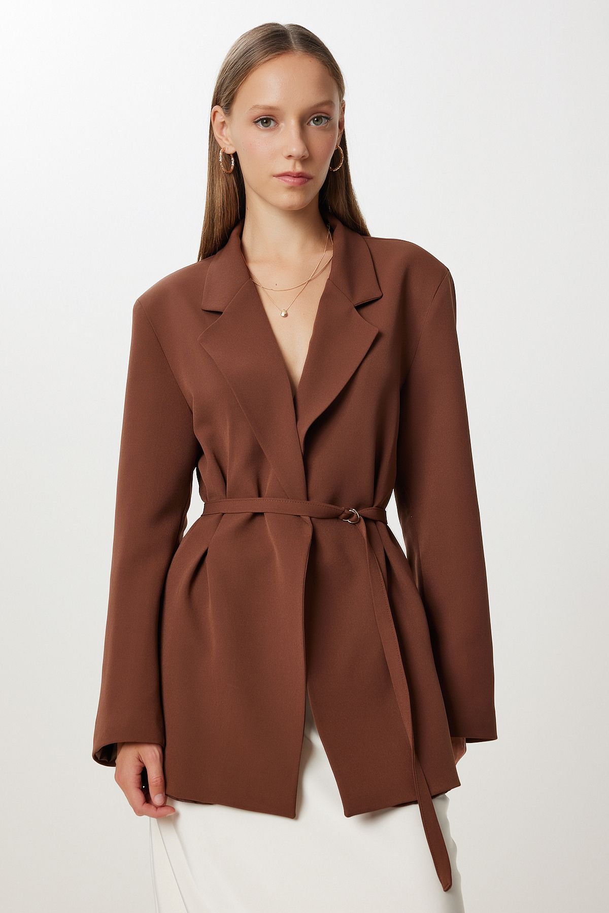 Kahverengi Vatkalı Kemerli Blazer Dokuma Ceket KT00023