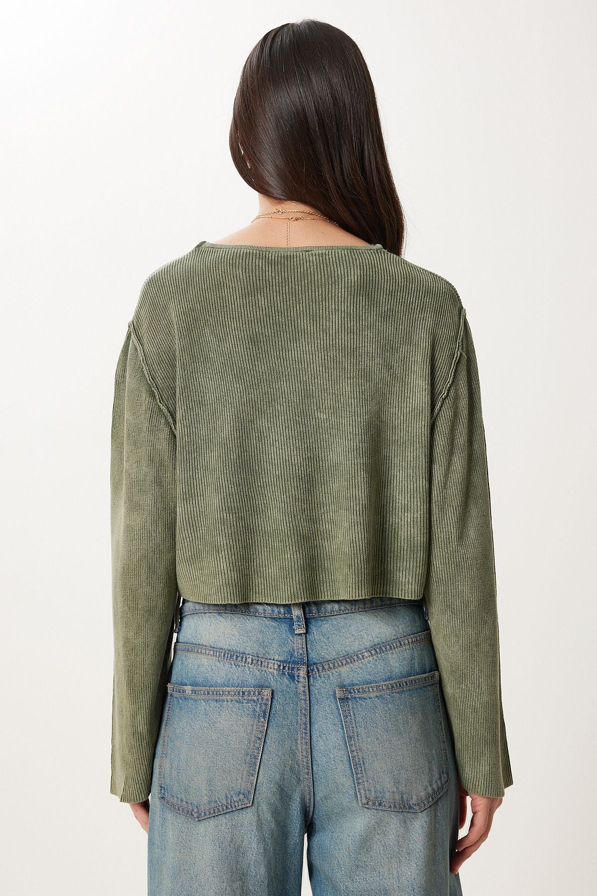 Haki Yıkamalı Crop Triko Kazak NS00459