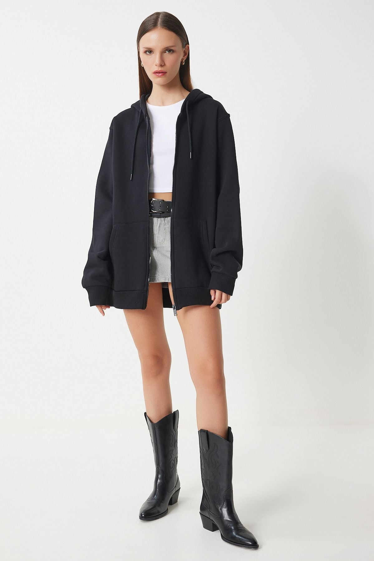Siyah Kapüşonlu Şardonlu Fermuarlı Oversize Sweatshirt VN00015