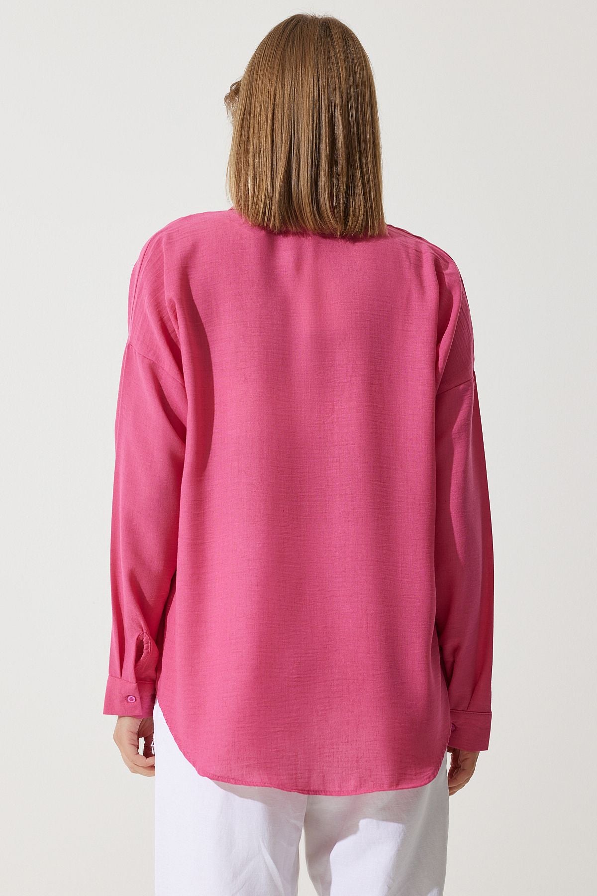 Pembe Oversize Keten Ayrobin Gömlek DD01222