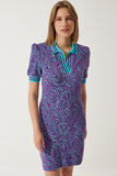 Mor Desenli Polo Yaka Triko Elbise NV00069