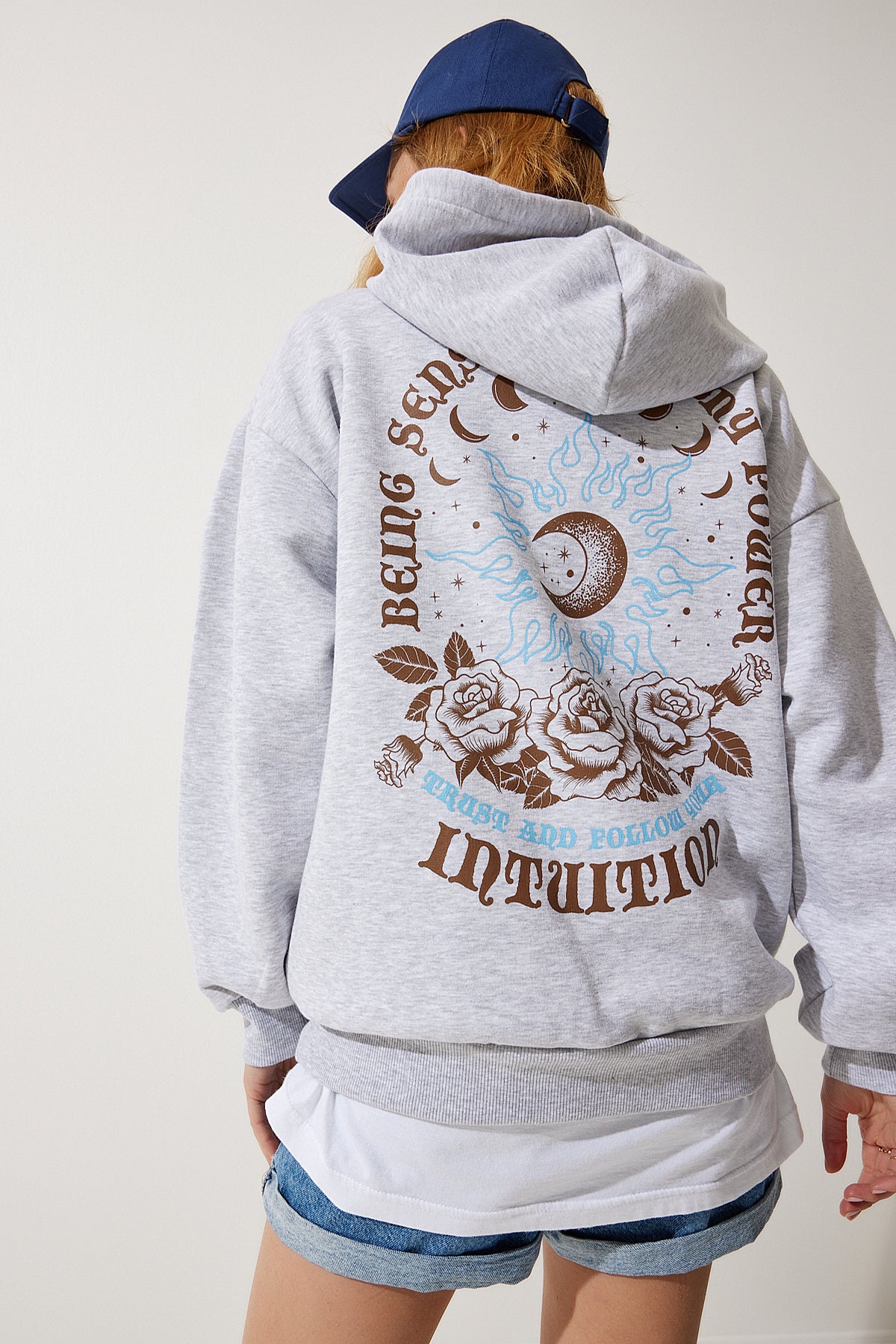 Gri Kapüşonlu Şardonlu Örme Sweatshirt UB00251