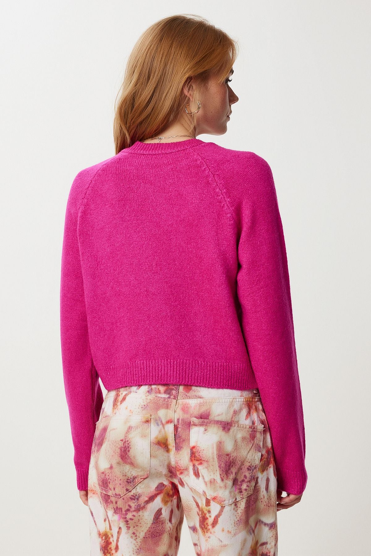 Koyu Pembe Basic Crop Triko Kazak Kİ00149