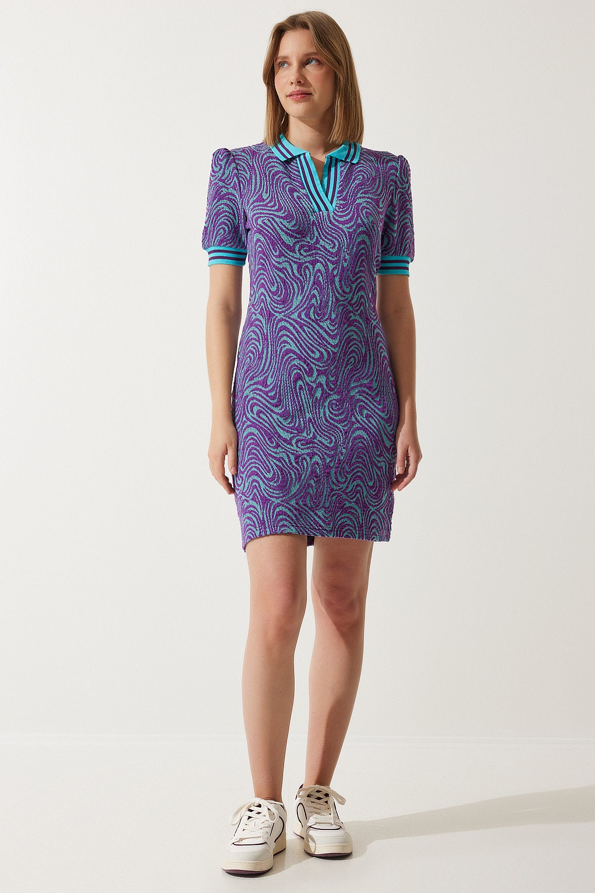 Mor Desenli Polo Yaka Triko Elbise NV00069
