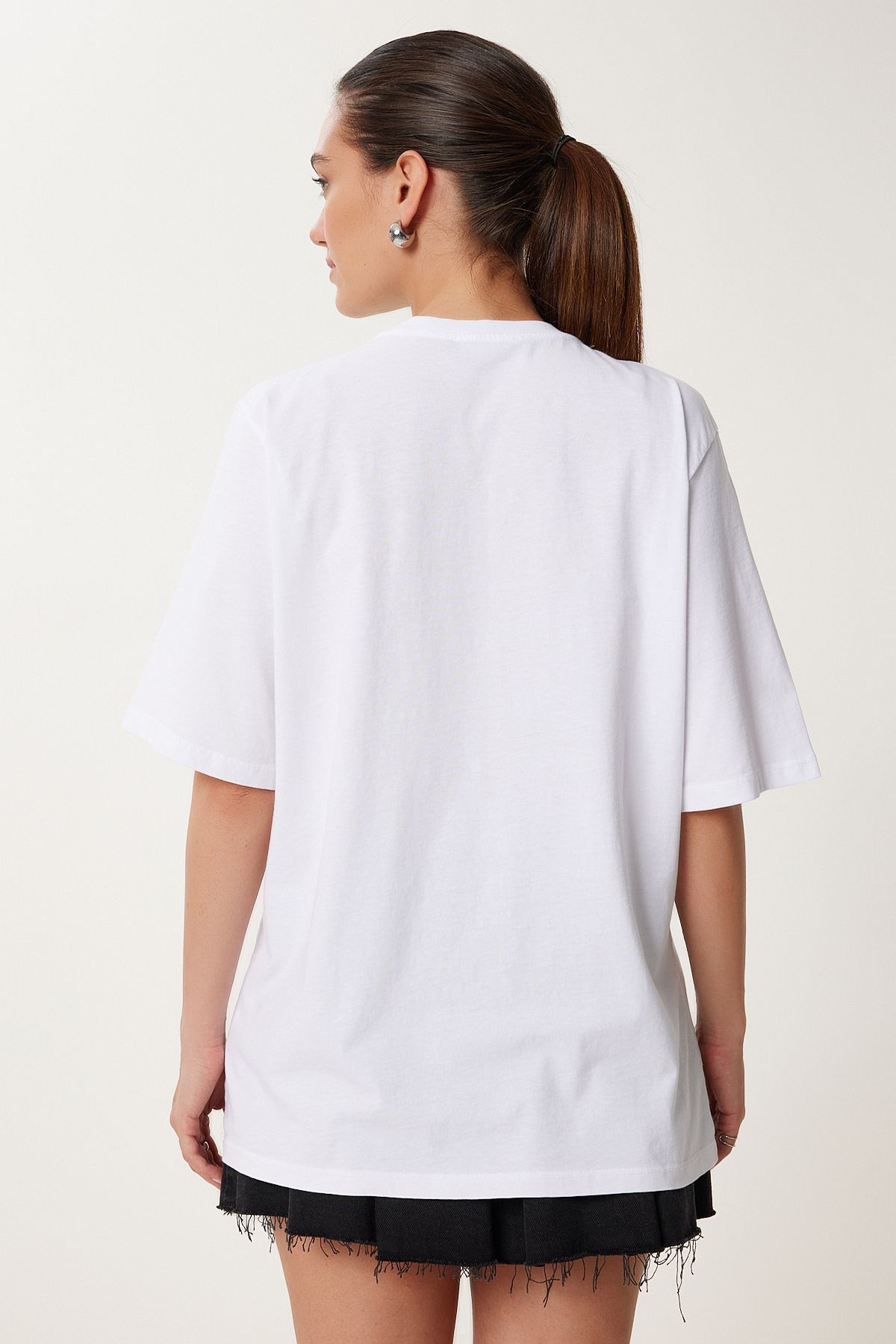 Ekru Baskılı Oversize Rahat Örme T-Shirt US01001