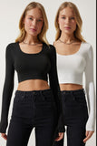Beyaz Siyah U Yaka Fitilli 2'Li Paket Crop Triko Bluz PF00069