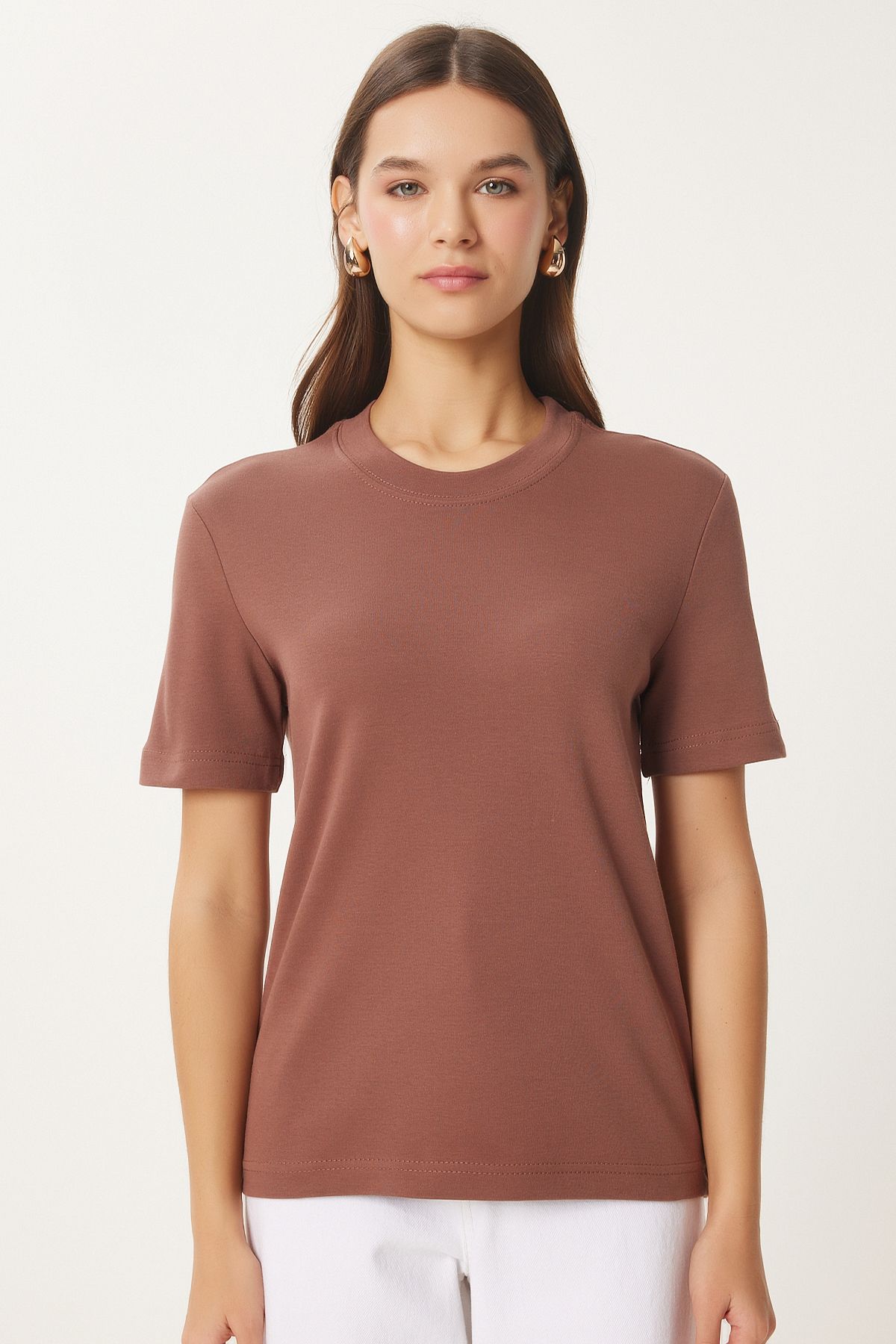 Bordo Kahverengi 2'Li Paket Pamuklu Basic Örme T-Shirt AG00002
