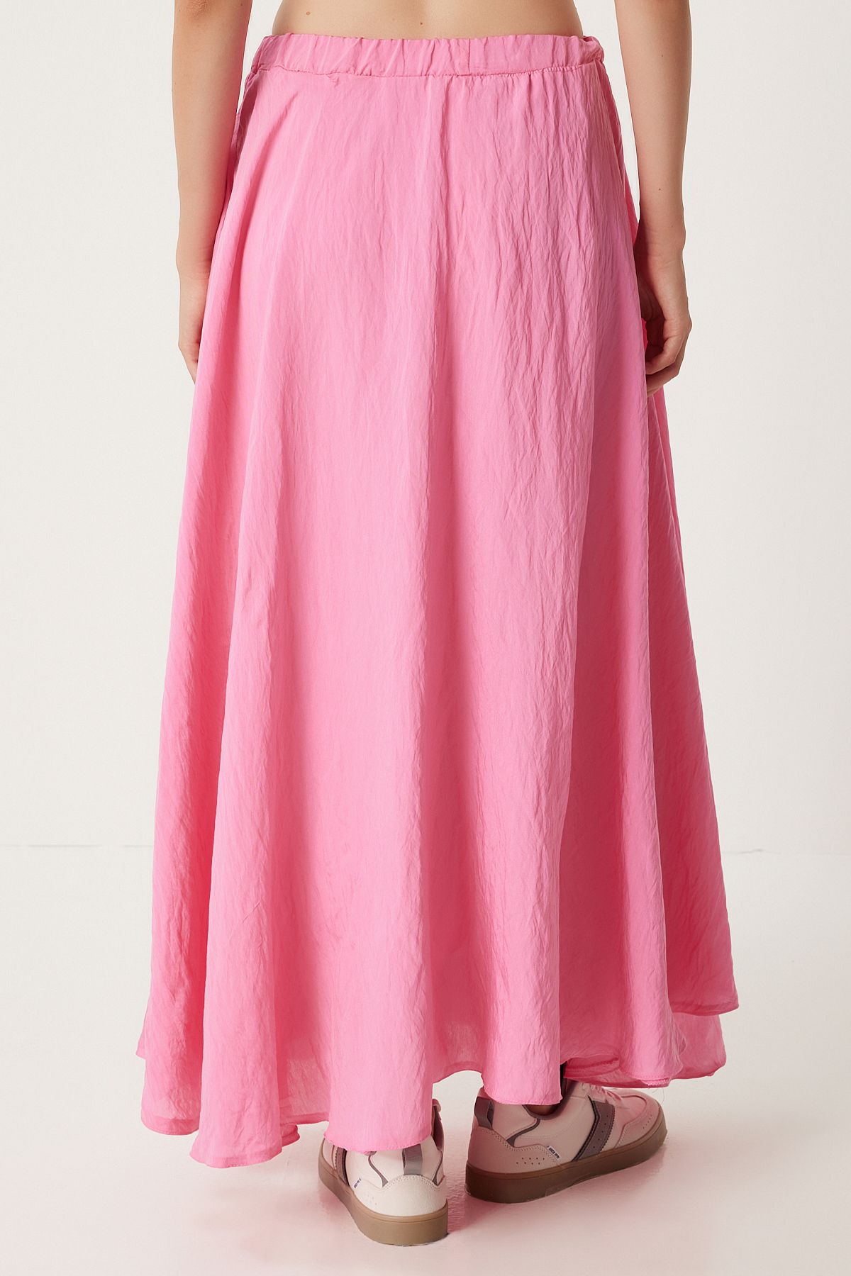 Pembe Volanlı Keten Karışımlı Uzun Etek DP00209