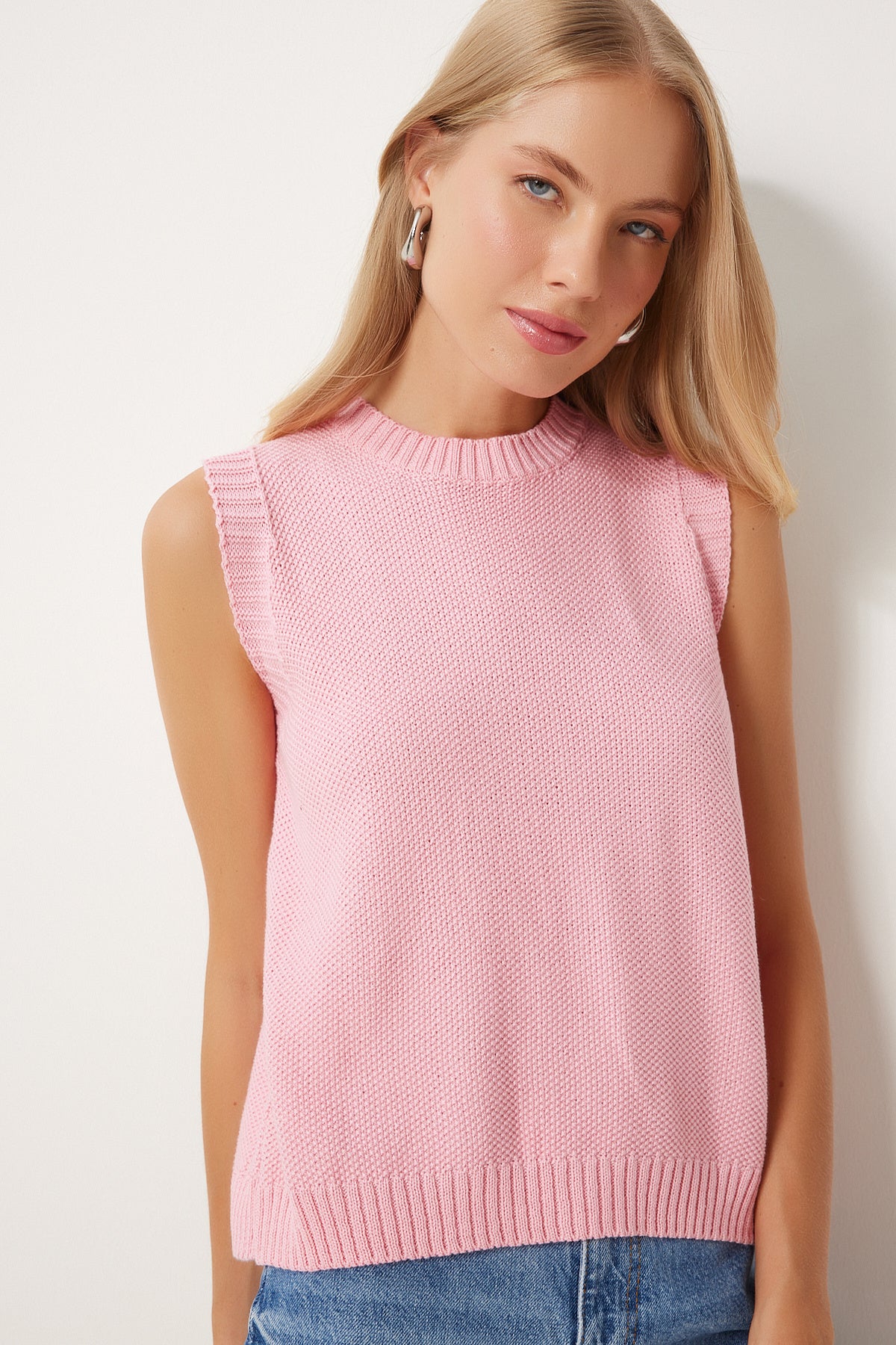 Pembe Sırt Dekolteli Fiyonklu Triko Bluz  FN03317