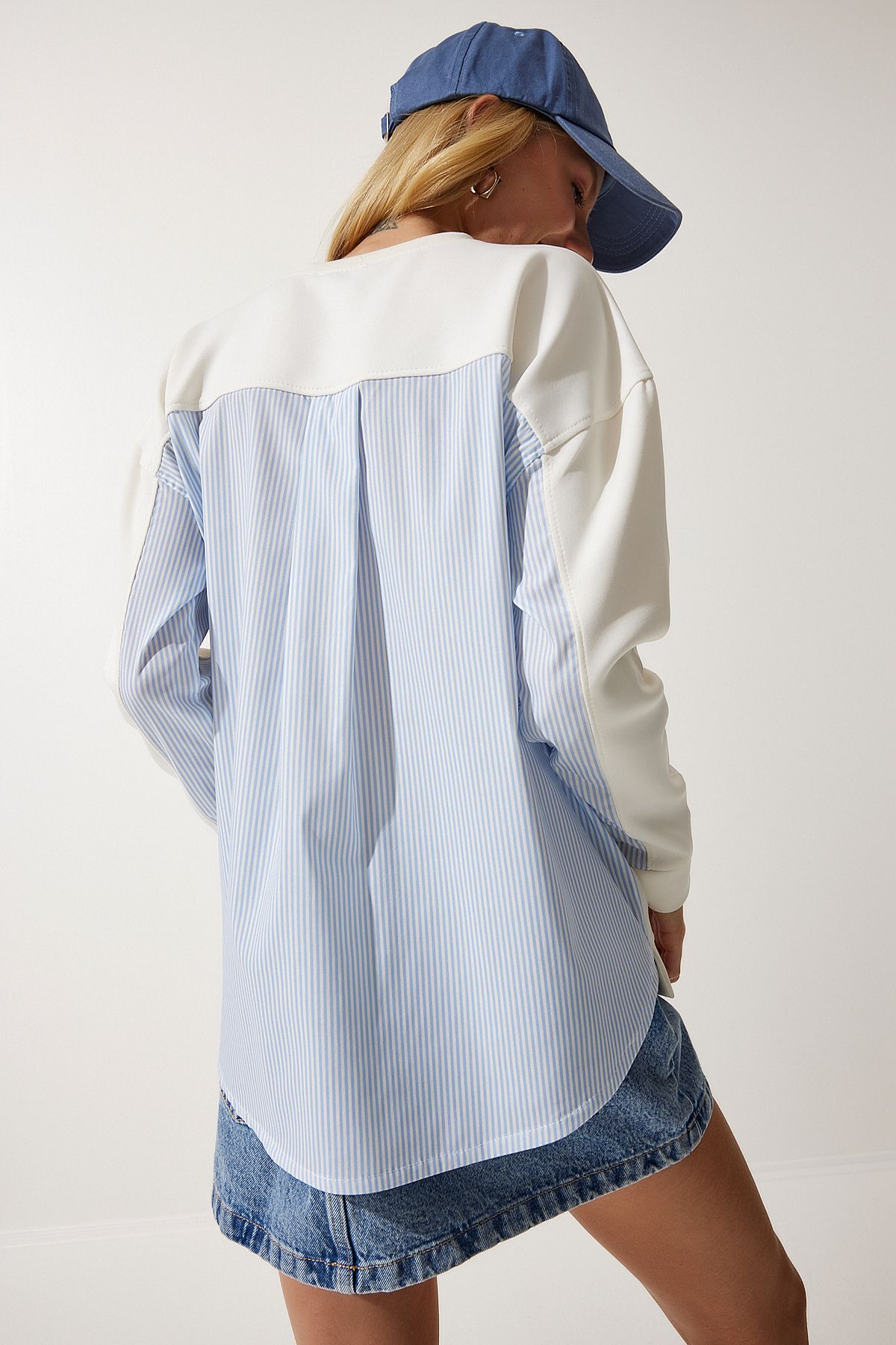 Ekru Mavi Poplin Detaylı Örme Sweatshirt MC00274