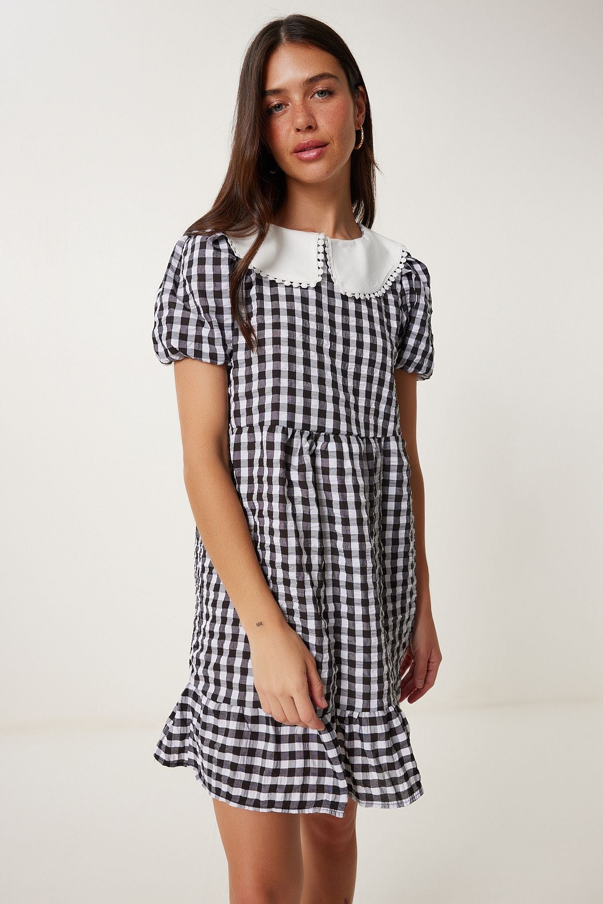 Siyah Kareli Yazlık Mini Dokuma Elbise TP00058