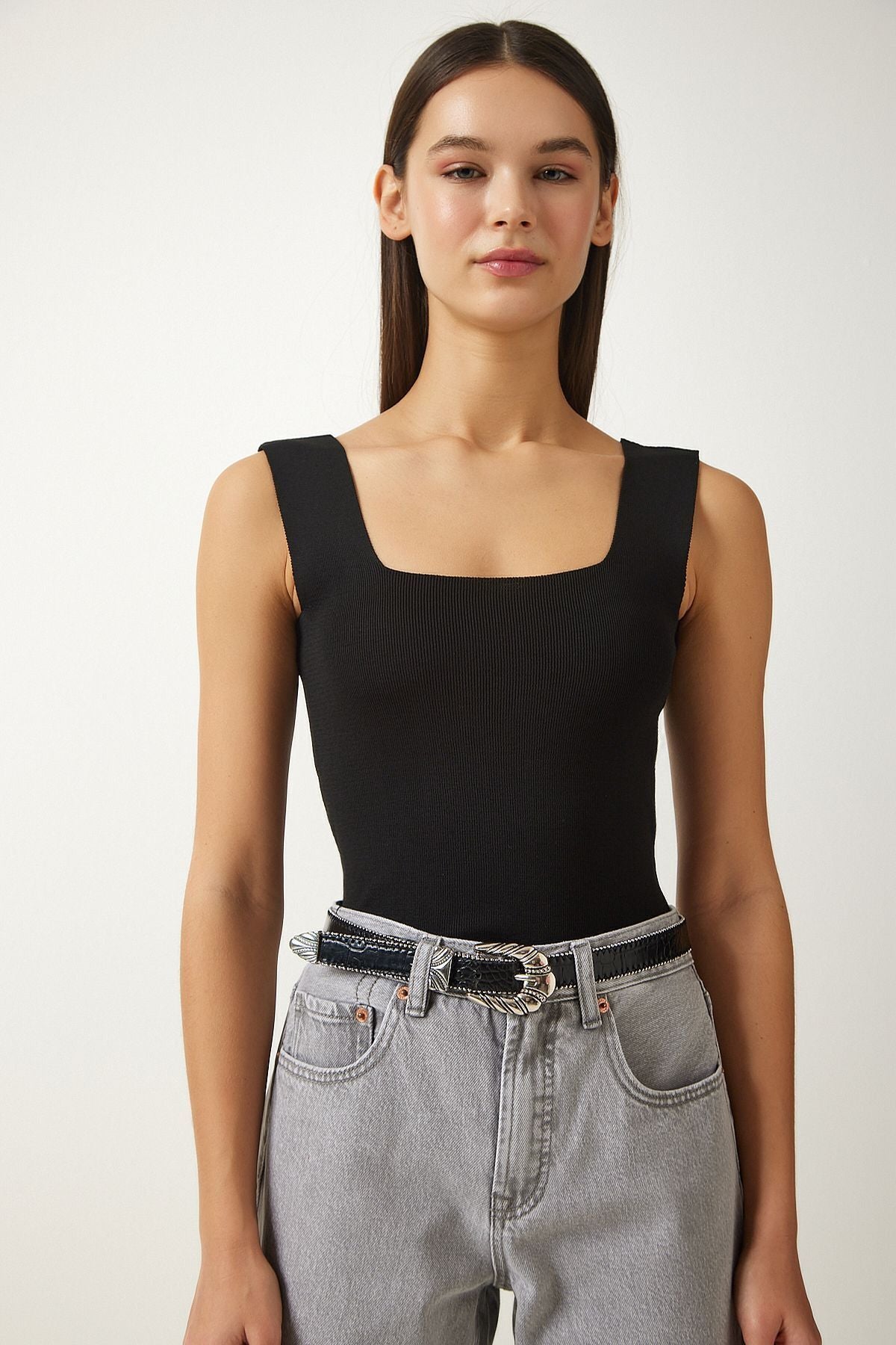 Siyah Kare Yaka Triko Crop Bluz US00358
