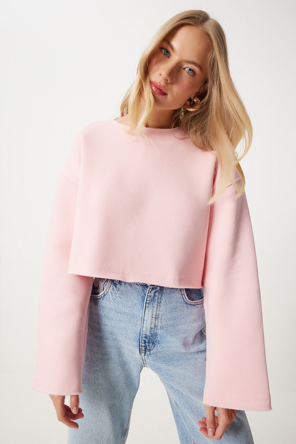Pembe Şardonlu Oversize Örme Sweatshirt NJ00154