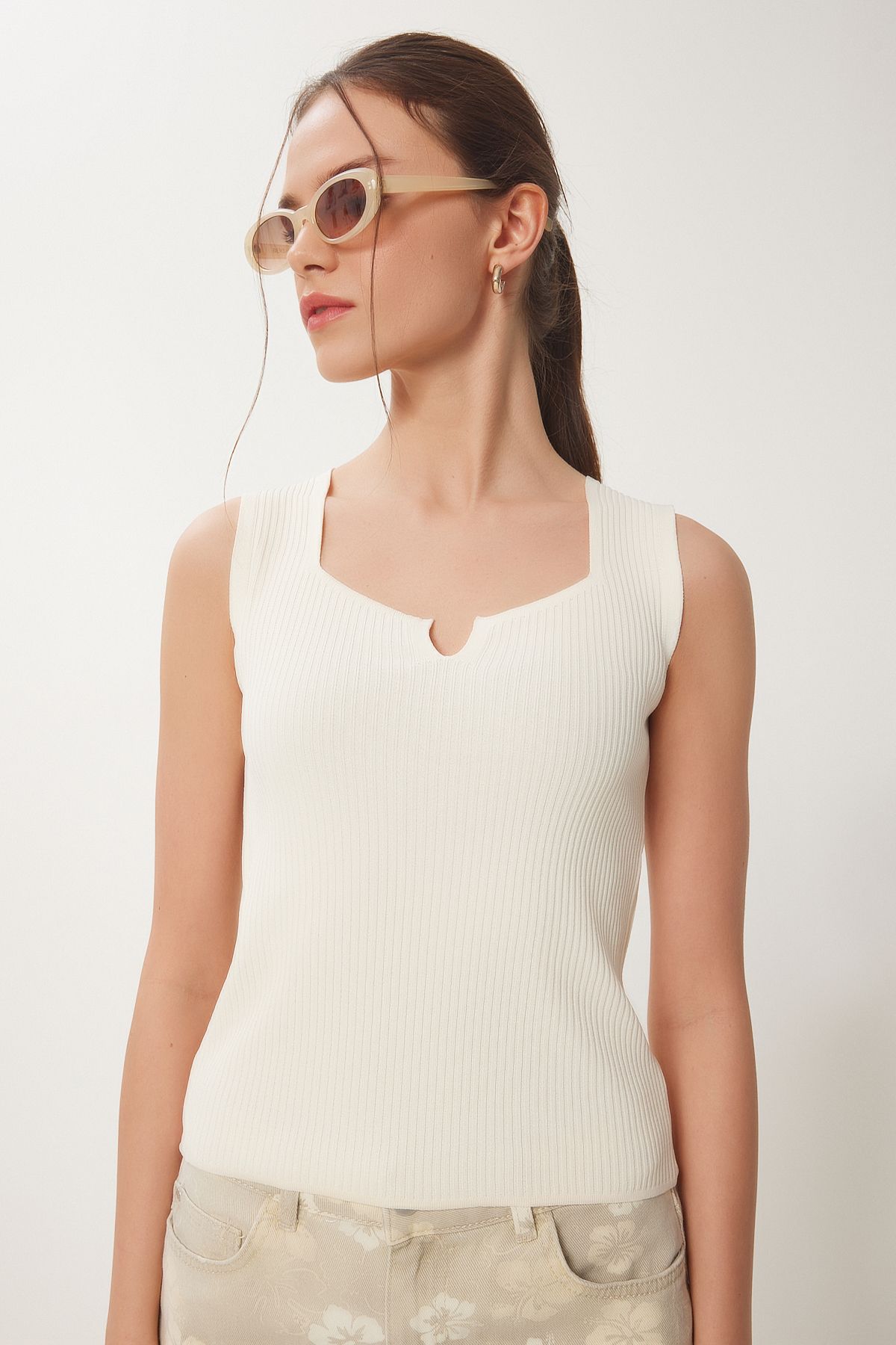 Krem Kolsuz Yazlık Triko Bluz MT00157
